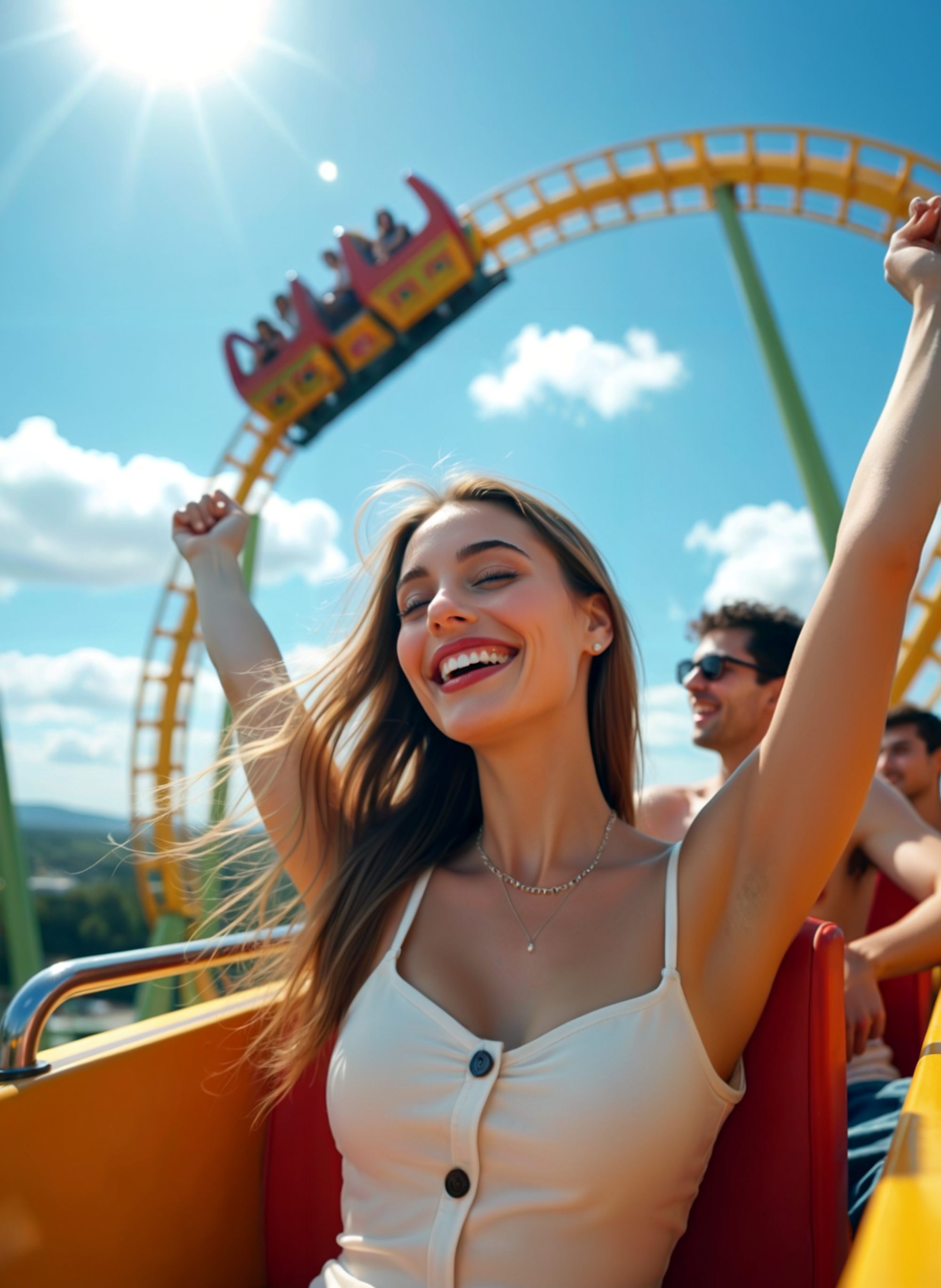 Photograph of a young woman with long blonde hair, wearing a white tank top, sitting on a roller coaster with her arms raised in the air. She has a big smile on her face and appears to be enjoying the ride. In the background, there are other people on the roller coaster, also enjoying the scenery. The sky is blue with a few clouds and the sun is shining brightly. The overall mood of the image is joyful and carefree. <lora:add-detail-xl:.5>  <lora:Flux-style-xl-lora:.5>
