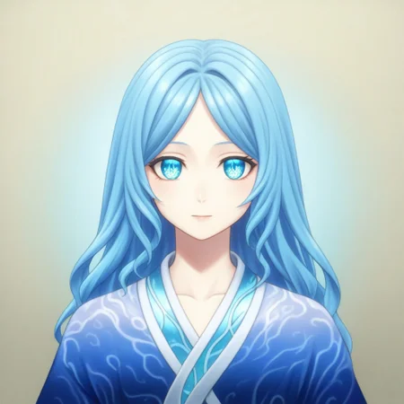 mana_sk style, portrait, focus on face, a serene water priestess girl with long aqua-blue hair flowing like a gentle wave, tranquil sapphire eyes reflecting the ocean, wearing a seashell diadem and a flowing robe with aquatic patterns, soft mist surrounding her, Japanese RPG style, calming and mystical atmosphere, intricate details on her diadem and robe