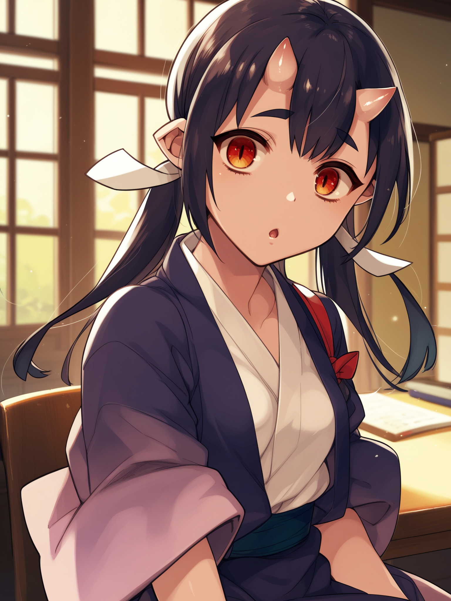 <lora:happy_tentacle-momiji-v0.1-000024:1>, ht_momiji, hair ribbon, small breasts, dress, formal , indoors 1girl, solo, upper body , jitome , ( surprised :1), , looking at viewer , sitting , , score_9, score_8_up, score_7_up, score_6_up, score_5_up, score_4_up