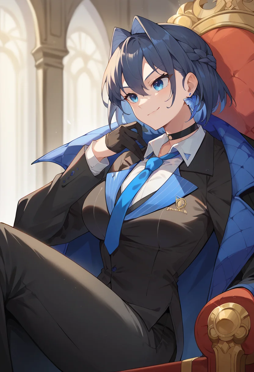 score_9, score_8_up, score_7_up, 1girl, solo, KroniiMafia, short hair, hair intakes, collared shirt, necktie, formal, black suit, blue necktie, black gloves, black pants, choker, sitting, smirk, on throne, indoors, <lora:CHAR-OuroKroniiPonyXL:1>