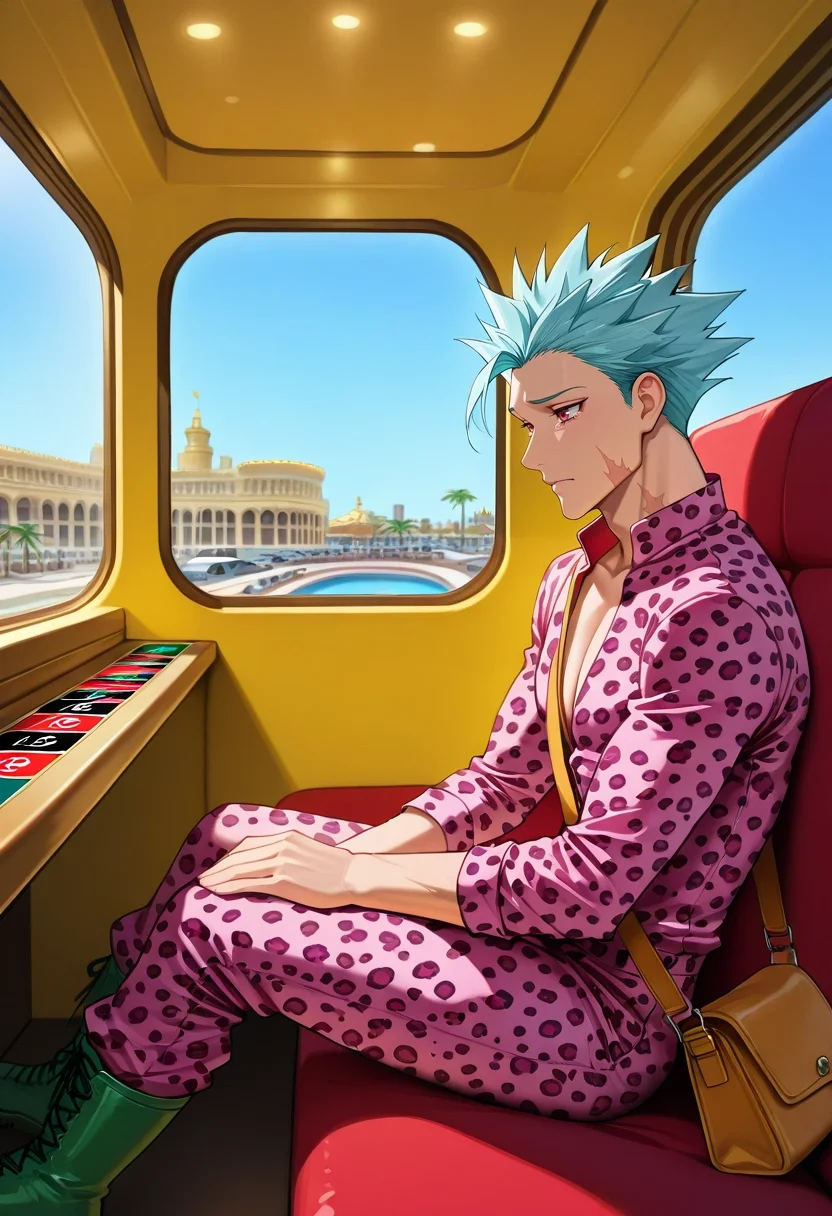 masterpiece, best quality, , semi-realistic, , 1boy, solo, male focus, <lora:ban_nanatsu_no_taizai_ilxl:0.9>, ban_nanatsu_no_taizai, blue hair, red eyes, spiked hair, scar, , from side, las vegas, casino, day, sunny, slouching, tearing up, Floral Jumpsuit, Nylon EmeraldGreen Leopard print Thermal Henley shirt, Hiking boots, , Shoulder Bag