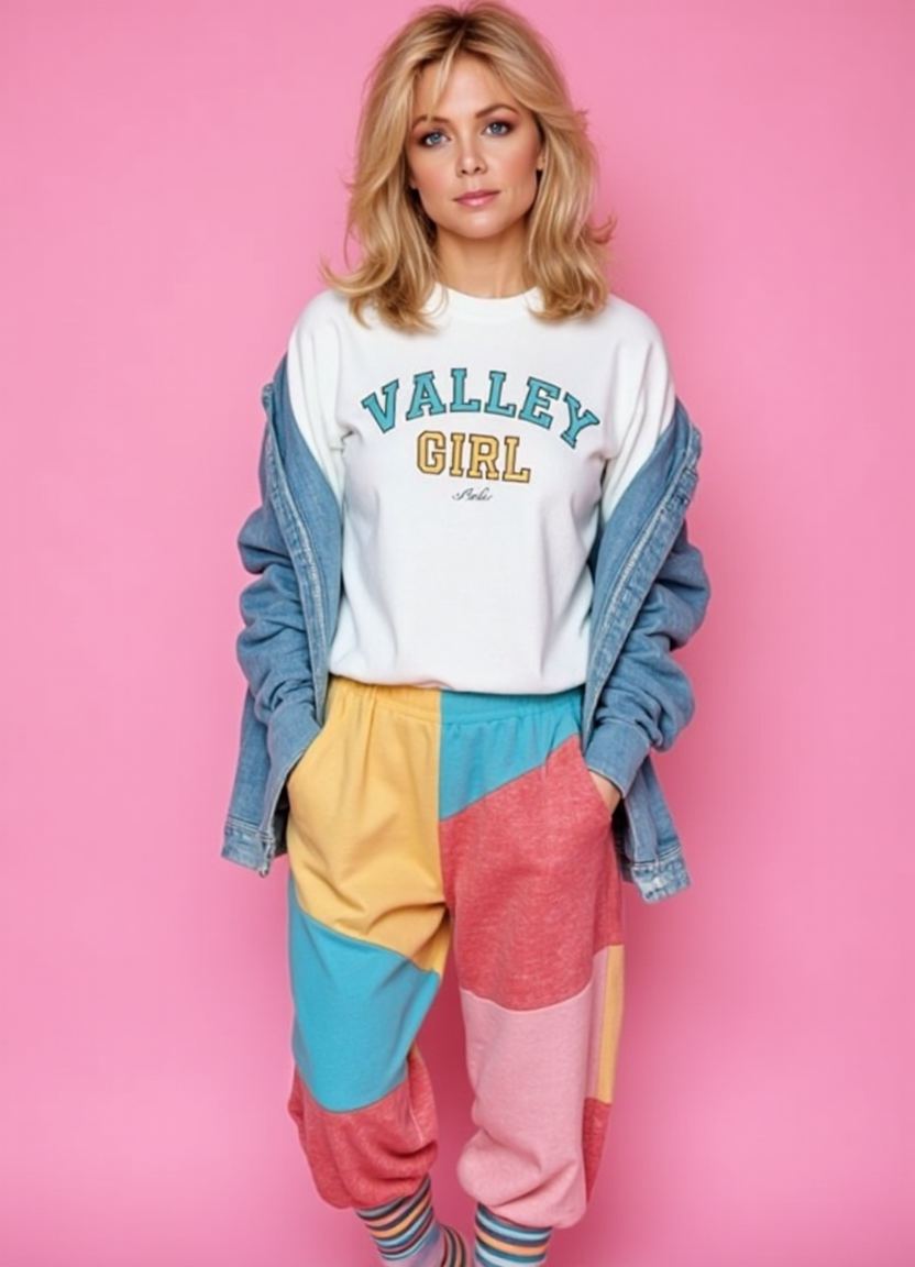 SFW, brightly lit, young, The image is a portrait of a woman posing in front of a pink background. She is wearing a white sweatshirt with the words "Valley Girl" written in blue and yellow letters across the chest. She has long baggy sweatpants in multiple colors covering her legs. The sweatshirt has a graphic design on the front and a blue denim jacket over it. She has blonde hair styled in loose waves and is wearing colorful striped socks. The woman is standing with her hands in her pockets and is looking directly at the camera with a serious expression., aidmaimageupgrader<lora:flux\custom\celebrity\lisa-hartman.safetensors:1.0:1.0> <lora:turbo-8-step-flux.safetensors:0.5:0.5> <lora:flux\style\Common\aidmaImageUprader-FLUX-v0.3.safetensors:0.25:0.25>