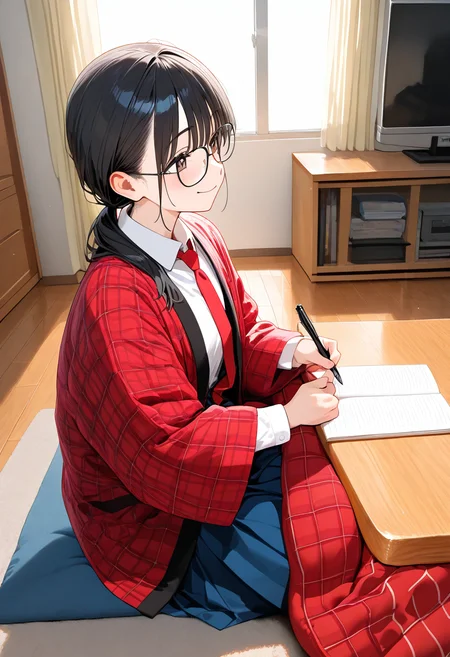 red hanten, hanten \(clothes\), 1girl, solo, glasses, black hair, long hair, low ponytail, collared shirt, red necktie, pleated skirt, white shirt, blue skirt,
holding pen, notebook, book, white shirt, sitting, kotatsu, rug, wooden table, wooden floor, television, curtains, window, happy, smile, looking at another, solo focus,
masterpiece, best quality, amazing quality, very aesthetic, absurdres,
<lora:Clothing_hanten_illustrious_V1L_DIM4:0.5>