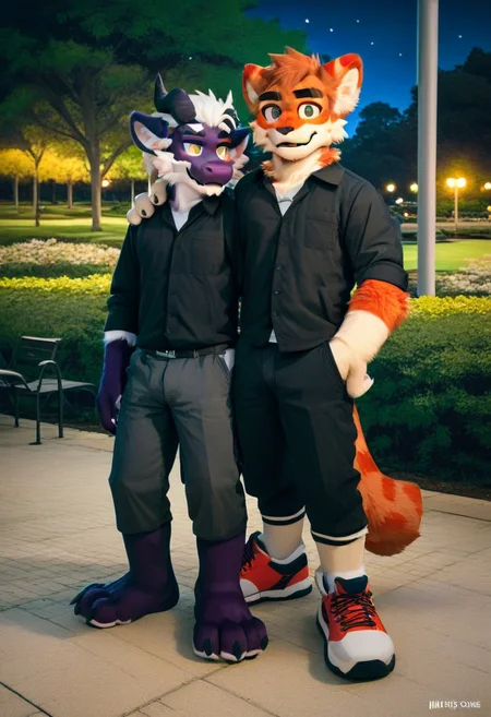 score_9_up, score_8_up, score_7_up, source_furry, mikus-sona, fursuit, furry focus, furry style, furry costume, anthropomorphic, anthro, milkytiger and yay, dragon, multiple boys, 2boys, duo, ((park, night))
