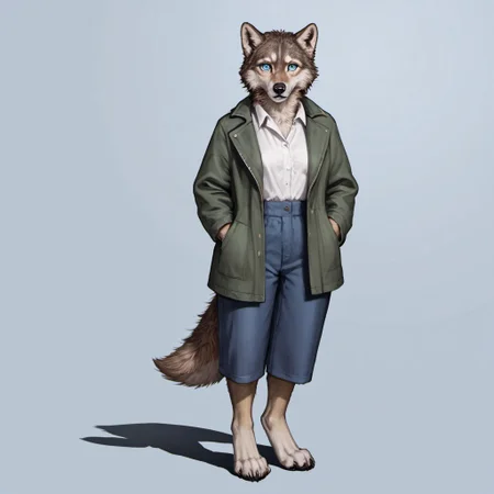 score_9, score_8_up, score_7_up, source_furry, detailed face, detailed eyes, incredible detail BREAK 1girl, solo, anthro, wide shot (furry female, wolf, light brown fur, monotone fur, light blue eyes,slightly wide hips, small breasts), black nose, whiskers, holding bow, wearing a hunter clothes(jacket, white shirt), shy posee, ear flop, solo, looking at viewer, drop shadow, full body