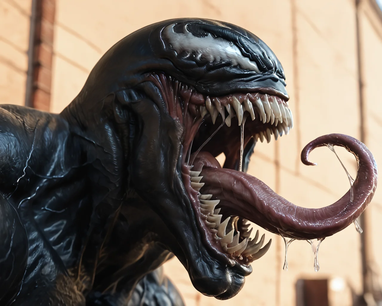 upper body, roar, <lora:Venom:1>, Ven1_om, teeth, 1boy, solo, darkness, shadow, teeth, monster, sharp teeth, claws, no humans, tongue, muscular, saliva, long tongue, tongue out, white eyes, black skin