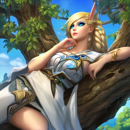 1girl, Alleria <lora:Alleria SDXL:.7>, reclining on tree, blonde hair, blue eye mark, best quality,