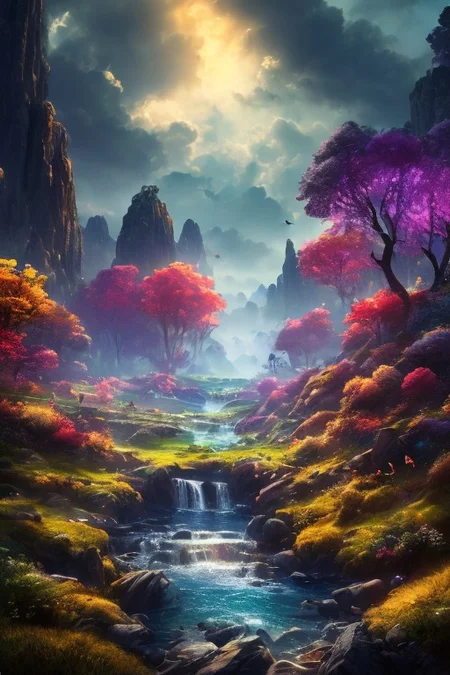 ((masterpiece)), ((best quality)), ultra-detailed, 8k, fantasy valley with a river winding through the landscape, viewed from the top of a hill, vibrant colors, high contrast, magical atmosphere, glowing particles floating in the air, butterflies, exotic birds, artistic composition, deers, owls, foxes, horses, mice, and other mammals gathering on the hill, lush greenery, dynamic lighting, cinematic view, mystical, enchanted environment, fantasy-style landscape, dramatic sky, ethereal glow.
fantri, easynegative, OverallDetail
