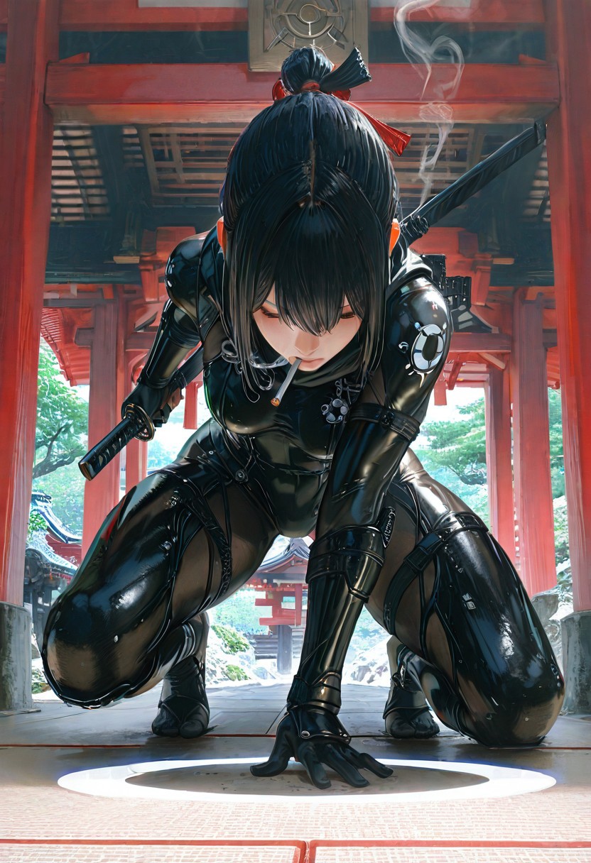 scifi, fantasy, masterpiece, best quality, great composition, Japanese Culture Style, Neo Photorealistic Art, Emotional Photos, 35mm film, Young Japanese Woman in skintight black ninja bodysuit, A Japanese sword is stuck into the ground, smoking, Japanese shrine background with a centered white circle, white sphere on the background