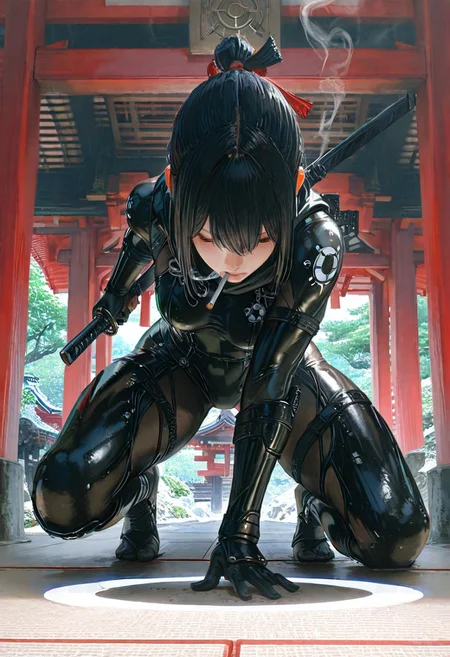 scifi, fantasy, masterpiece, best quality, great composition, Japanese Culture Style, Neo Photorealistic Art, Emotional Photos, 35mm film, Young Japanese Woman in skintight black ninja bodysuit, A Japanese sword is stuck into the ground, smoking, Japanese shrine background with a centered white circle, white sphere on the background