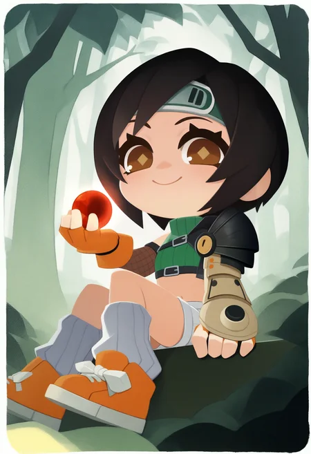 masterpiece, best quality, solo, 1girl, smile, looking at viewer, <lora:style_onmyoji_illustriousXL-GLoRA:1>, onmyojistyle, chibi, white border, diamond-shaped pupils, <lora:Yuffie-illus_Fp:1>, yuff7, short hair, black hair, brown eyes, forehead protector, green turtleneck, midriff, single pauldron, chest strap, single arm guard, orange gloves, fingerless gloves, white shorts, fishnets, forest, sitting, materia, sneakers, leg warmers, orange footwear,