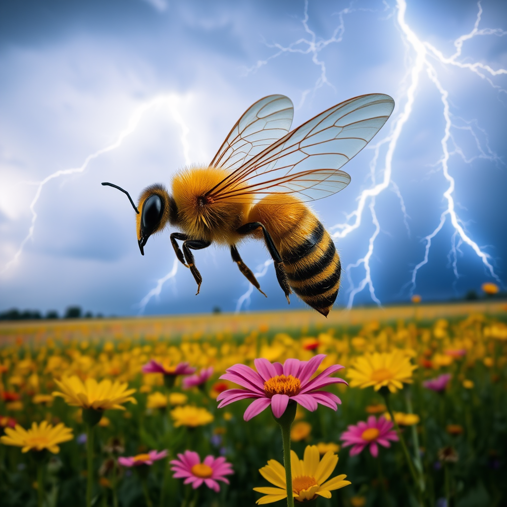 a bee with hyper wings flying over a field of flowers as a storm brews and the background. blue and yellow bolts of lightning strike the area around the bee
