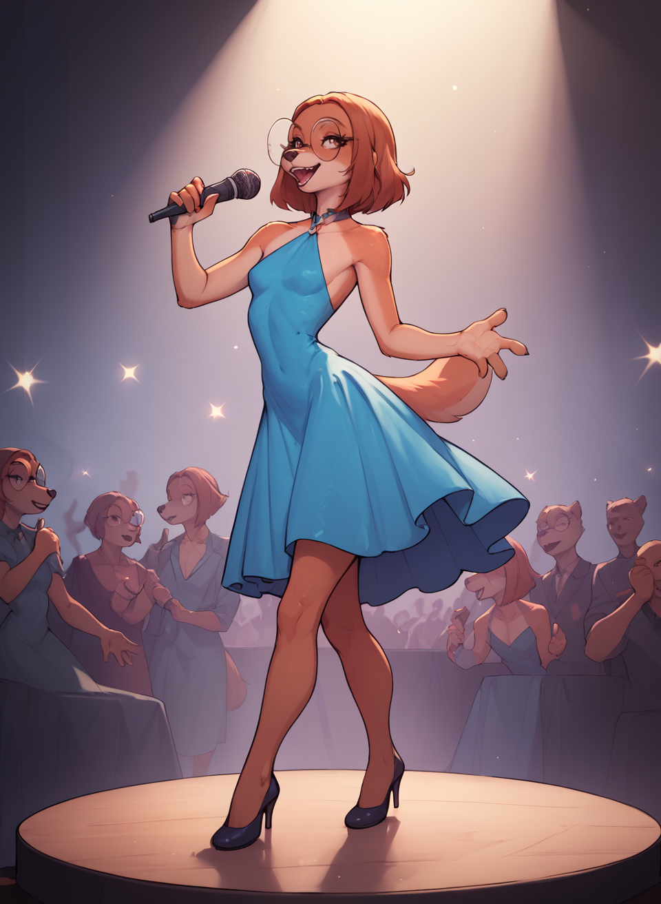 score_9, score_8_up, score_7_up, score_6_up, score_5_up, score_4_up, <lora:SukiLanePXL:1> SukiLanePXL, anthro, brown eyes, round glasses, small breast, evening dress, full body, on stage, singing, microphone, crowd