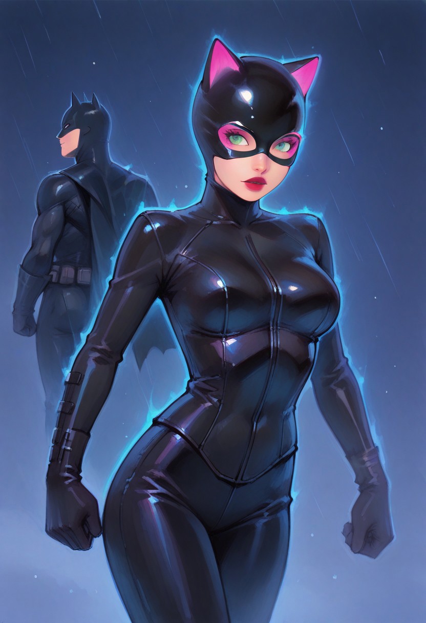 highly detailed, traditional media, 1girl, catwoman, 1boy, batman