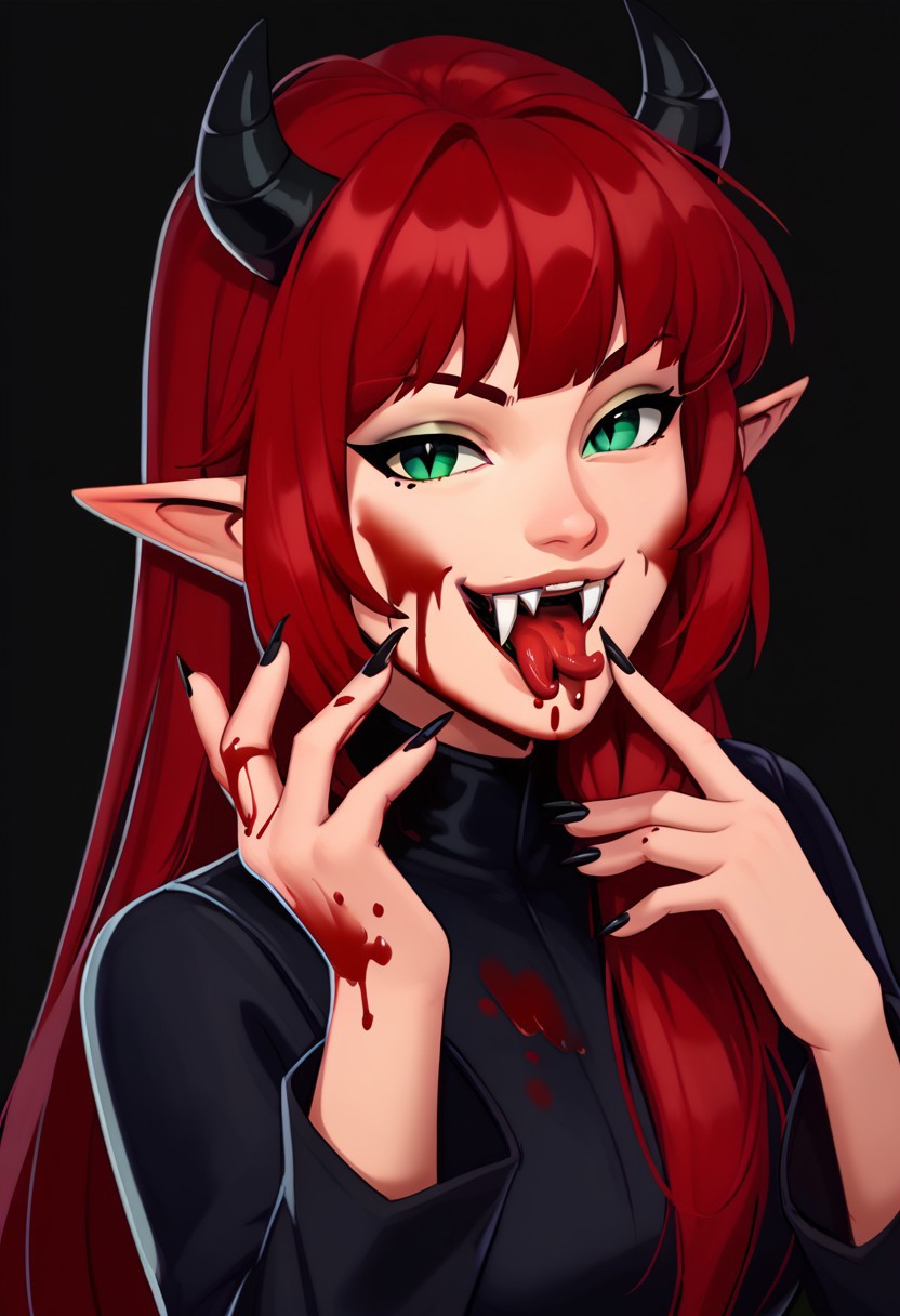 score_9, score_8_up, score_7_up, casual game art style, casual game art, mobile game art, merge 3 game art, character design, casrealart, 1girl, solo, very long hair, red hair, looking at viewer, smug, one eyebrow raised, bangs, green eyes, slit pupils, black horns, open mouth, blood on teeth, fangs, tongue, tongue out, forked tongue, fingernails, black nails, blood on hands, blood on face, blood on tongue, dripping blood, long fingernails, sharp fingernails, pointy ears, (single hand up, licking own finger), black regal dress, portrait, simple background, black background