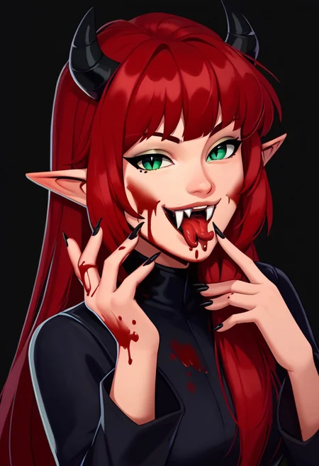 score_9, score_8_up, score_7_up, casual game art style, casual game art, mobile game art, merge 3 game art, character design, casrealart, 1girl, solo, very long hair, red hair, looking at viewer, smug, one eyebrow raised, bangs, green eyes, slit pupils, black horns, open mouth, blood on teeth, fangs, tongue, tongue out, forked tongue, fingernails, black nails, blood on hands, blood on face, blood on tongue, dripping blood, long fingernails, sharp fingernails, pointy ears, (single hand up, licking own finger), black regal dress, portrait, simple background, black background