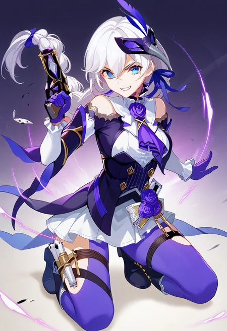 score_9, score_8_up, score_7_up, source_anime, good anatomy, vibrant colors, 1girl, solo, KallenRogueSixthSerenade, white hair, braided hair, blue eyes, hair between eyes, violet hair ribbon, violet ascot, violet roses, white collar, frilled collar, white undershirt, dark purple overshirt, golden buttons, bare shoulders, shoulder cutout, white sleeves, purple gloves, white skirt, miniskirt, purple pantyhose, thigh cutouts, cards, thigh straps, raven mask, purple feather, black boots, laced boots, kneeling, on one knee, fighting stance, grin, pistol, firearm, holding firearm, official art