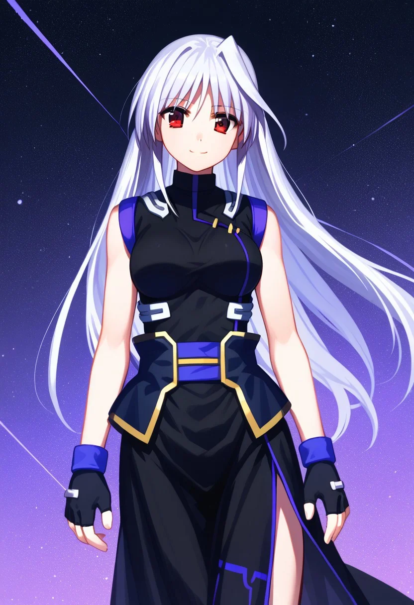 score_9, score_8_up, score_7_up, source_anime, 1girl, solo, Reinforce, long hair, white hair, single hair intake, red eye, long dress, black dress with purple trim, side slit, black gloves with purple trim, fingerless gloves, black corset with gold trim, sleeveless dress, bare shoulders, standing, smiling, endori face