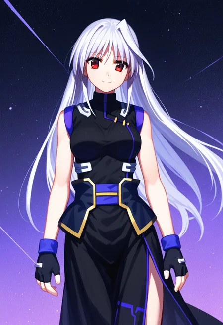 score_9, score_8_up, score_7_up, source_anime, 1girl, solo, Reinforce, long hair, white hair, single hair intake, red eye, long dress, black dress with purple trim, side slit, black gloves with purple trim, fingerless gloves, black corset with gold trim, sleeveless dress, bare shoulders, standing, smiling, endori face