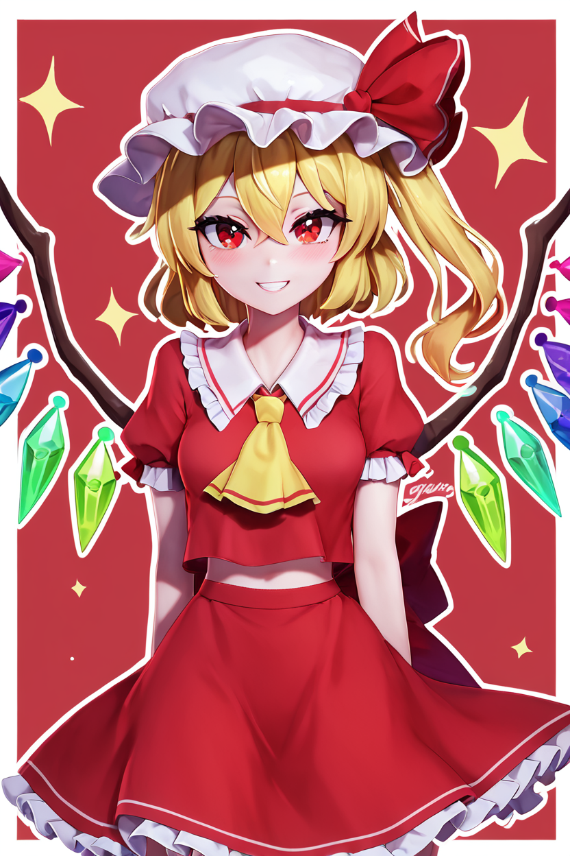 score_9, score_8_up, score_8, medium breasts, (curvy), cute, eyelashes,       BREAK, ,  ,,,  zzFlandre, red eyes, blonde hair, one side up, hair between eyes,  wings, ascot, red skirt, hat ribbon, short sleeves, puffy sleeves, mob cap, red shirt,  <lora:FlandreTouhou_PDXL:0.8>,   ,,, , BREAK, smile, looking at viewer, cowboy shot, ,,, embedding:zPDXL, Expressiveh, ,,, <lora:Zy0n7_PDXL:0.8>, <lora:SDXLFaeTastic2400:0.5>, <lora:Expressive_H-000001:0.4>,