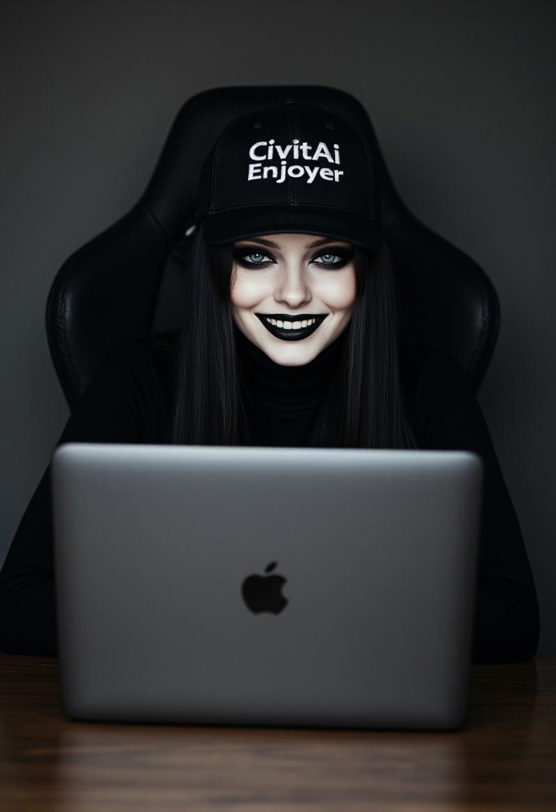 FictionalCrystal, a goth girl with heavy black eye makeup and black lipstick. wearing a baseballcap that reads "CivitAi Enjoyer" and a large smile. Sitting infront of an open laptop on a gaming chair