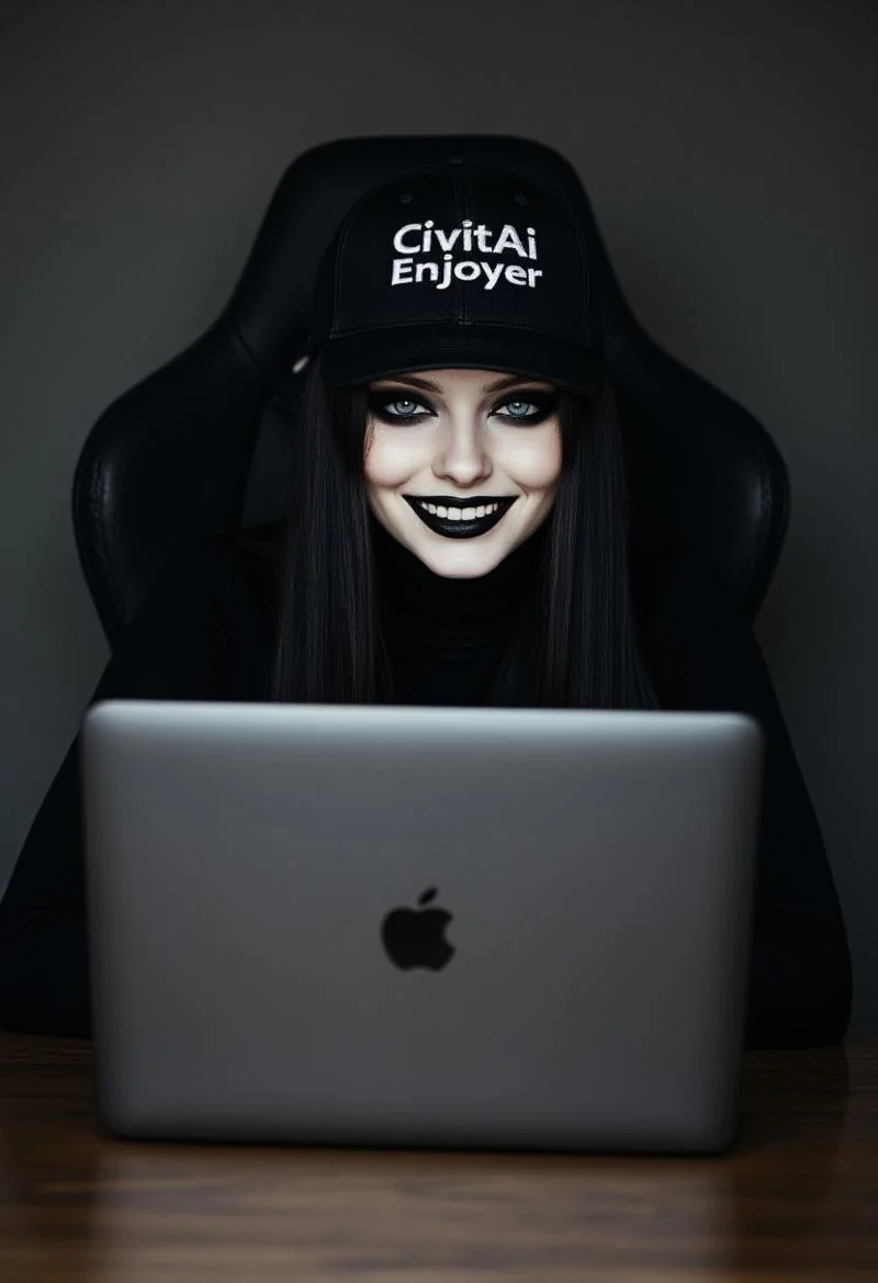 FictionalCrystal, a goth girl with heavy black eye makeup and black lipstick. wearing a baseballcap that reads "CivitAi Enjoyer" and a large smile. Sitting infront of an open laptop on a gaming chair