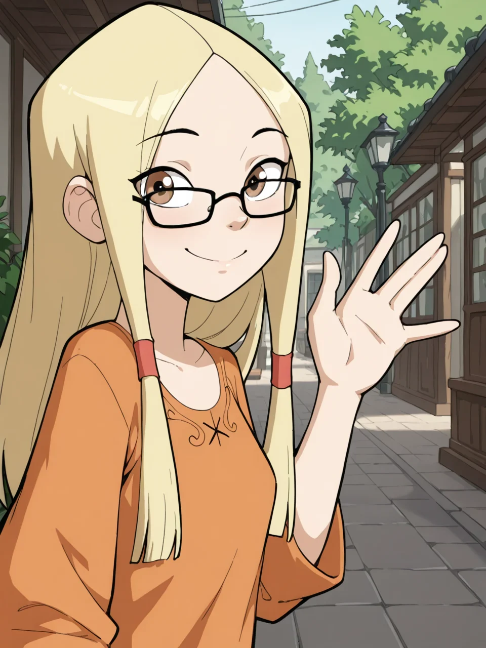 (masterpiece,best quality,newest,absurdres,highres), Gr3taBarrym0re, 1girl, solo, long hair, blonde hair, glasses, brown eyes, smile, upper body, raise left arm, day, outdoor, waving, looking at viewer, Volumetric Lighting <lora:Greta_Barrymore_IllustriousXL:0.8>