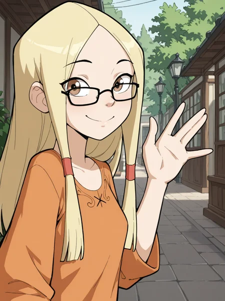 (masterpiece,best quality,newest,absurdres,highres), Gr3taBarrym0re, 1girl, solo, long hair, blonde hair, glasses, brown eyes, smile, upper body, raise left arm, day, outdoor, waving, looking at viewer, Volumetric Lighting <lora:Greta_Barrymore_IllustriousXL:0.8>