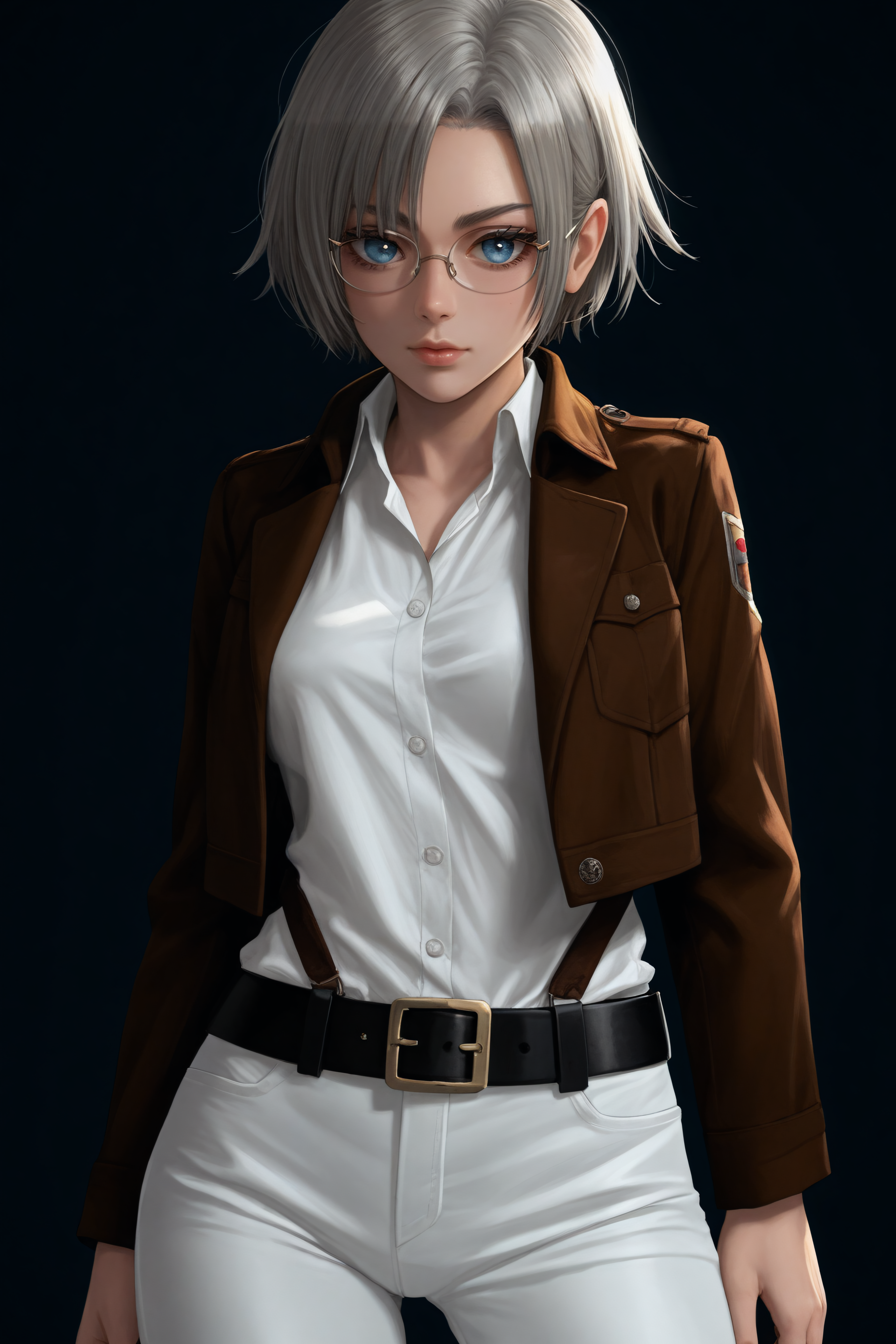 score_9, score_8_up, score_7_up, BREAK source_anime, <lora:Rico Brzenska-PonyXL-lora-Faxtron:1> rico brzenska, blue eyes, grey hair, short hair, medium breasts, glasses, white shirt, open cropped brown jacket, long sleeves, white pants, emblem, belt,