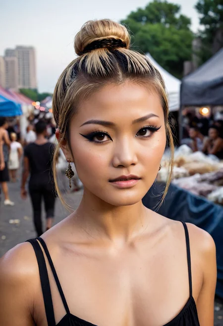 Kelly Hu, Petite, asian, darkskin,blonde hair, 18 year old Chinese woman, flat chested, earrings, eye liner, tattoos, double bun, 4k, very detailed, 80sgirlpearl, Scarlett, eyeliner, ((blonde hair)), BREAK, solo, goth girl, 18 year old,, (flat chest:1.3), cinematic film still 1woman facing viewer walking a busy homeless tent city sidewalk on a hot summer day, , garbage and broken glass on the ground, shallow depth of field, vignette, highly detailed, high budget, bokeh, cinemascope, moody, epic, gorgeous, film grain, grainy, debris-filled , masterpiece, best quality, Night Market, conysv3-1400