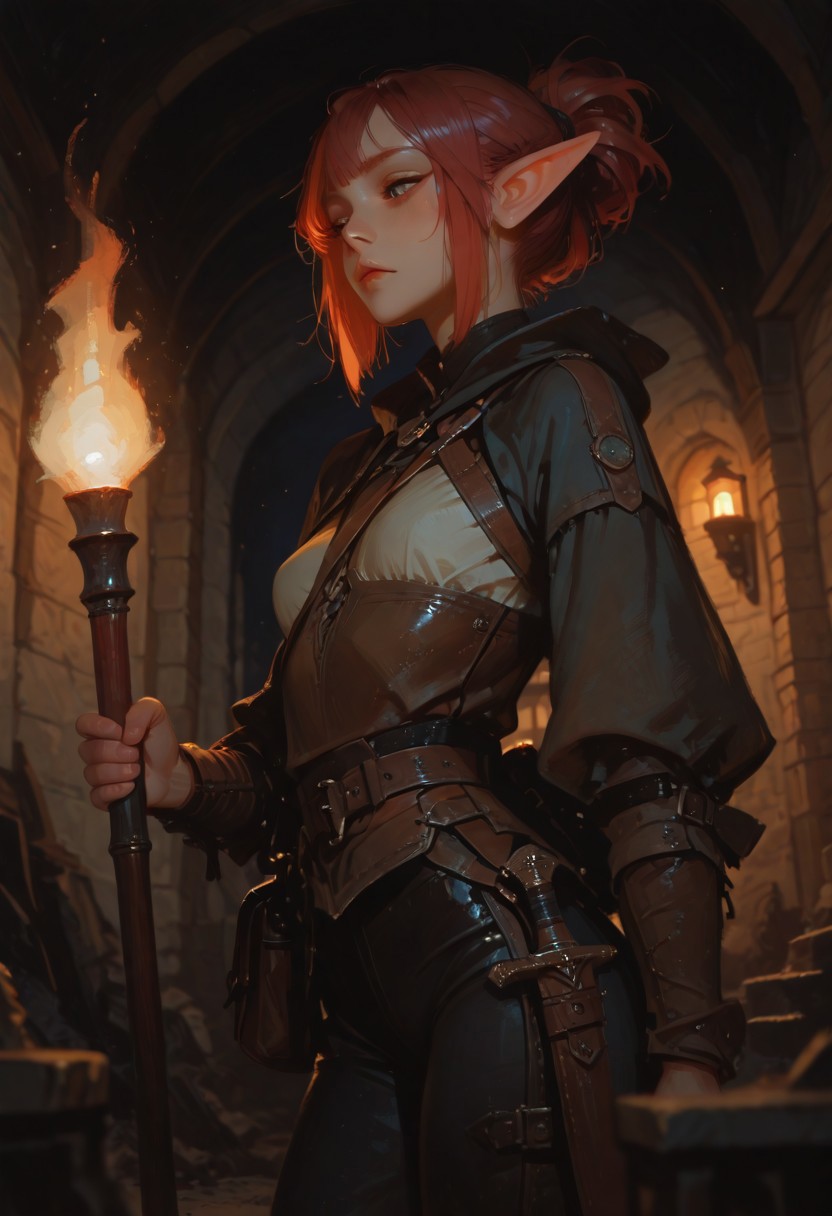masterpiece, best quality, ultra-HD, volumetric lighting, masterpiece, best quality, absurdres, lowlighting ,best quality, realistic body, (impressionism:1.5), volumetric lighting,
masterpiece, highres, absurdres,
(blurry foreground:1.1),
 incoth, (incase:0.6), female, solo, (depth of field), medieval setting, indoors, ruins, night time, face focus, elf, red hair, blue eyes, cute face, slender, small breasts, updo hair, short elf ears, short ears, leather armor, dagger in scabbard, satchel, black pants, leather boots, holding torch, adventurer exploring ruins,