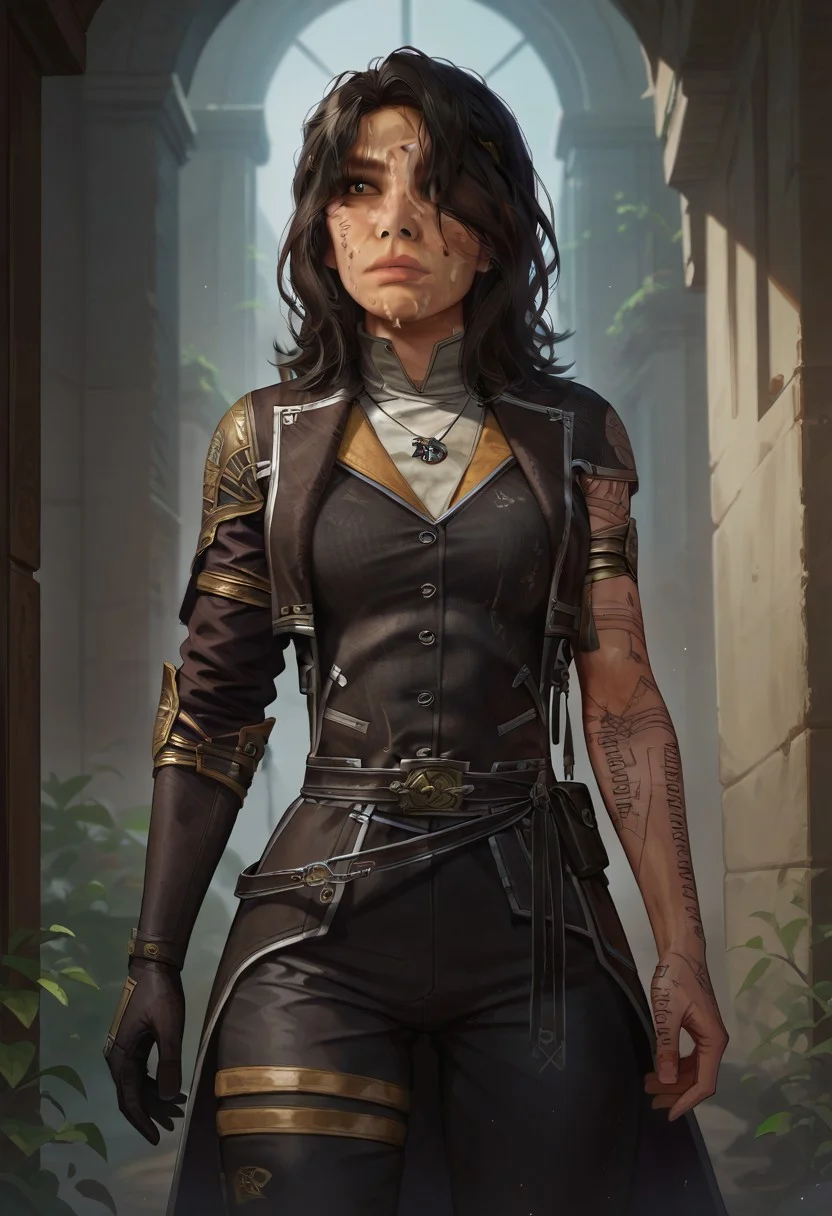score_9, score_8_up, score_7_up,((masterpiece)), sharp focus, 1girl,solo, (lune, black hair, brown eyes, gold arm tattoo, gold leg tattoo, black facial tattoo, (tattoo writing over left eye:1.1):1.2), (armor, clair obscur expedition 33, pants, single arm glove:1.2), perfect face, hd quality, high quality, detailing face, detailing body, deatiled apartament, abounded house, front view, dirt on face, hand up, standing, sunlights on hair, back view