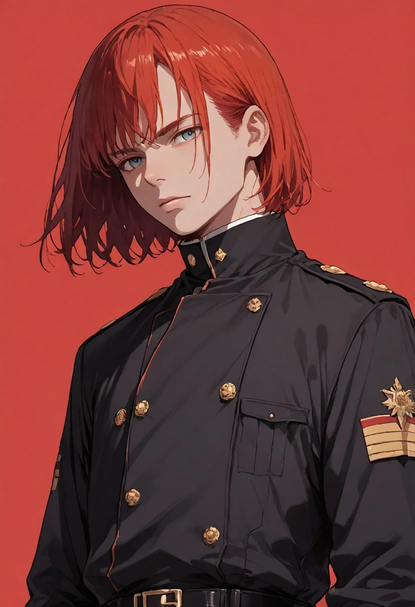 (score_9, score_8_up, score_7_up), source_anime, anime, male, military vintage uniform, black uniform, red background, red hair, waist-high, frock coat