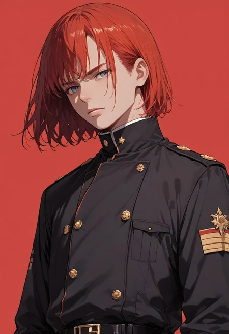 (score_9, score_8_up, score_7_up), source_anime, anime, male, military vintage uniform, black uniform, red background, red hair, waist-high, frock coat