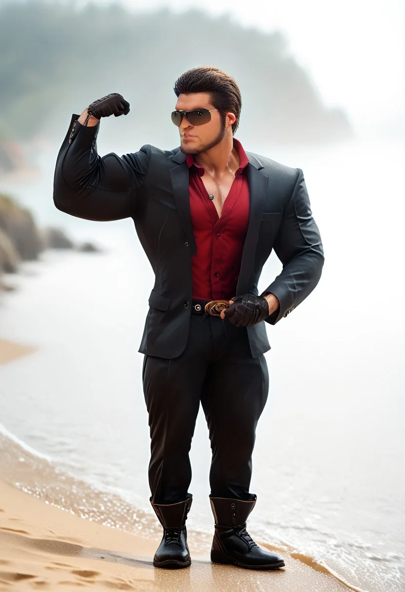 score_9, score_8_up, score_7_up, photo, photorealistic, rating_explicit, (solo:1.1), 1boy, black helmet with tinted visor, muscular male, masculine male, red glossy v neck shirt, black glossy leather blazer suit, formal, glossy pants, belt, skintight, black rubber gloves, black rubber boots, abs, nipples, pecs, flexing, proud, sweaty, outdoors beach, five digits