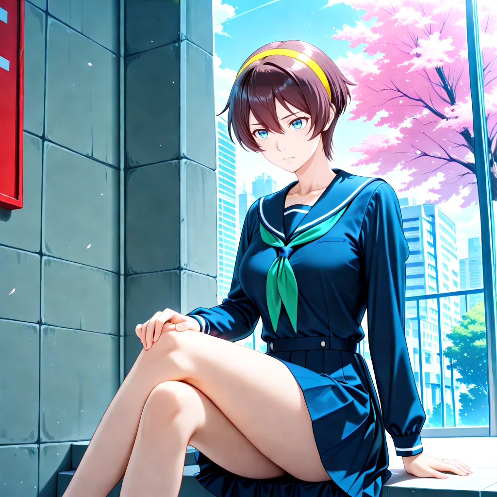 Yuu_School, 1girl, brown short hair, hair between eyes, blue eyes, medium breasts, collarbone, yellow hairband, serafuku, green neckerchief, sailor collar, dark blue serafuku, long sleeves, , <lora:Yuu_IL2:1> City fire station garden with cherry blossom trees, Seated elegance: Sitting with legs crossed and a relaxed posture.