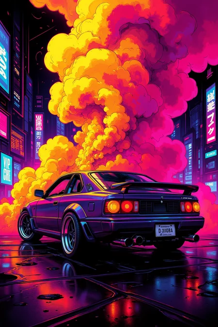 , Digital illustration, car with colorful smoke, bright palette, dynamic movement, urban setting, bold contrasts, detailed textures, vibrant clouds, intense lighting, expressive design, dynamic energy, sharp lines, vivid colors, and dramatic atmosphere.