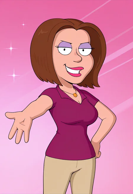 masterpiece, best quality, amazing quality, gr3tch3nm, 1girl, brown hair, necklace, purple polo shirt, beige pants, outstretched arm, hand on hip, looking at viewer, evil smile, cowboy shot, pink background, (colorful sparkles background, light rays:0.9),