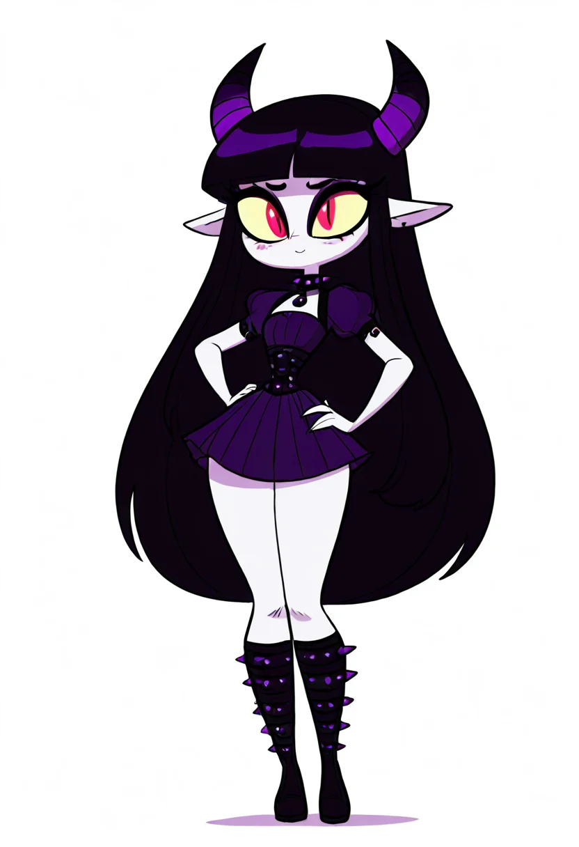 (masterpiece, best quality, good quality, very aesthetic, absurdres, newest:1.2), 1girl, solo, eyelashes, (beautiful eyes), 1girl, solo, long hair, black hair, purple and black hair, looking at viewer, horns, pointy ears, bangs, blunt bangs, slit pupils, yellow sclera, grey skin, makeup, eyeshadow, black lips, purple dress, black boots, knee boots, spikes, spiked collar, gothic, standing, full body, simple background, white background , <lora:VampieNAI:0.8>, smile, hand on hip, <lora:Diives_NAI:1.0>,