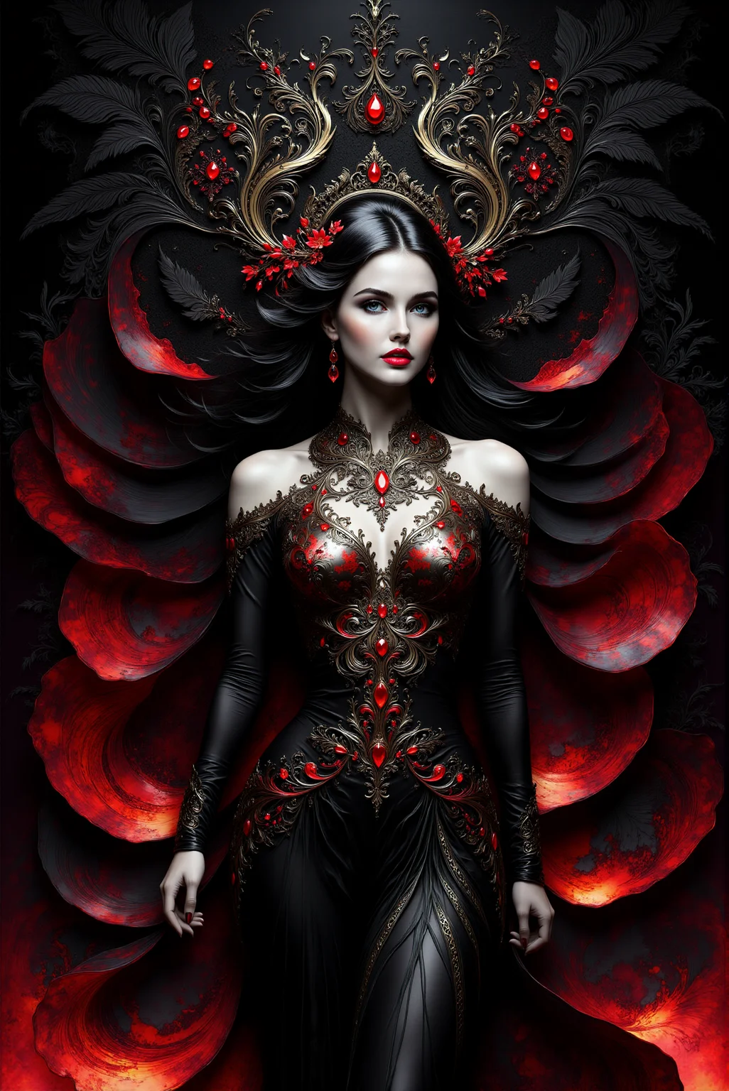 <lora:AISIL_style:1.0> AISIL style digital artwork with intricate and vibrant background.
A celestial woman, wearing intricate dress. Hyperdetailed. Black and gray with fiery red accent color scheme.