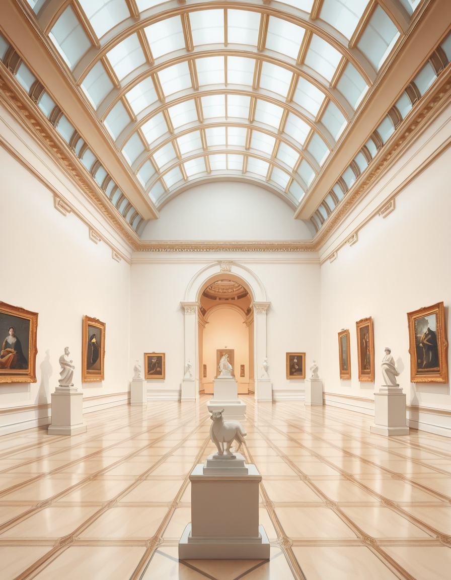 A high-resolution photograph of the interior of a grand art museum, featuring vast halls with high ceilings, intricate architectural details, and polished marble floors. The museum is illuminated by soft, natural light filtering through large arched windows, casting gentle shadows on the walls adorned with classical and modern paintings in ornate golden frames. In the center, a marble sculpture stands on a pedestal, surrounded by velvet ropes. Visitors walk around, some admiring the artwork, others engaged in quiet discussions. The atmosphere is serene and intellectual, with a warm color palette of beige, gold, and deep reds enhancing the elegance of the scene. The perspective is wide-angle, capturing the depth and scale of the museum, evoking a sense of awe and admiration.
<lora:SDXLFaeTastic2400:0.4> <lora:extremely_detailed:0.4> extremely detailed,art mus3um, <lora:art_mus3um-i:1>, Masterpiece,best quality,hi res,8k,hi res,8k,award winning,(sharp focus, intricate, highly detailed),