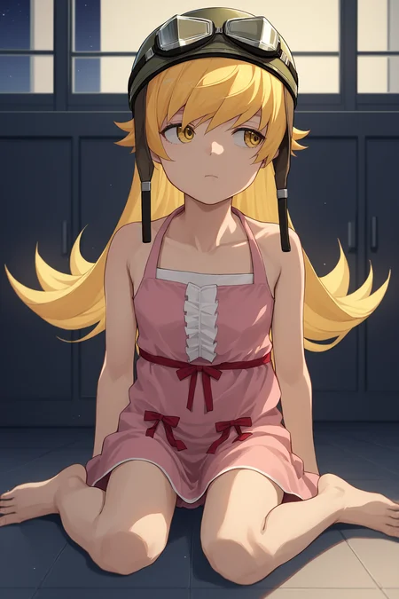 score_9, score_8_up, solo, indoors, night, school, sitting on floor, knees to chest, barefoot
BREAK
1girl, (oshino shinobu), blonde hair, long hair, yellow eyes, summer dress, pink dress, aviator helmet, looking away, expressionless
<lora:char-shinobu-pony:1>