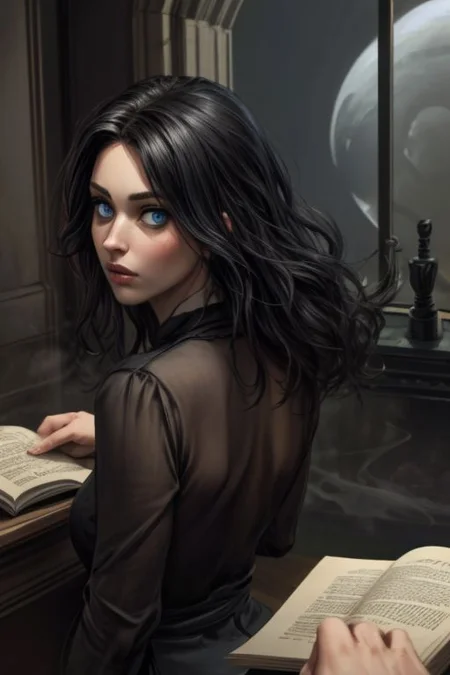 1girl, black hair, blue eyes, small perfect round breast, amazing pert butt, long hair, a closer view, pov, OverallDetail, easynegative, cdetailed face, dark theme, mysterious atmosphere, with a haunting, mist, ghosts are flying around, shrouded and darkness, tall female, art, <lora:wolong_v1-000012:0.4> close up, black dress, at home, sitting near the fireplace, big window, holds in his hands a book from which light emanates