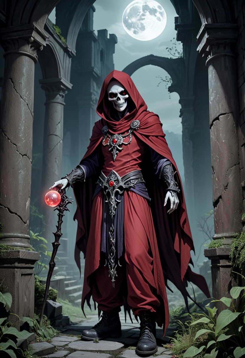 (medium full shot) of (menacing lich) with black eyes, wearing a crimson red enchanted tunic, enchanted pants, shadowy boots, bearing a phylactery, surrounded by surrounded by a eerie aura, set in  ancient ruins, with crumbling stone walls, overgrown vegetation, eerie silence, and an aura of mystery, under a full moon, woman smiling, ,Masterpiece,best quality, raw photo, realistic, very aesthetic