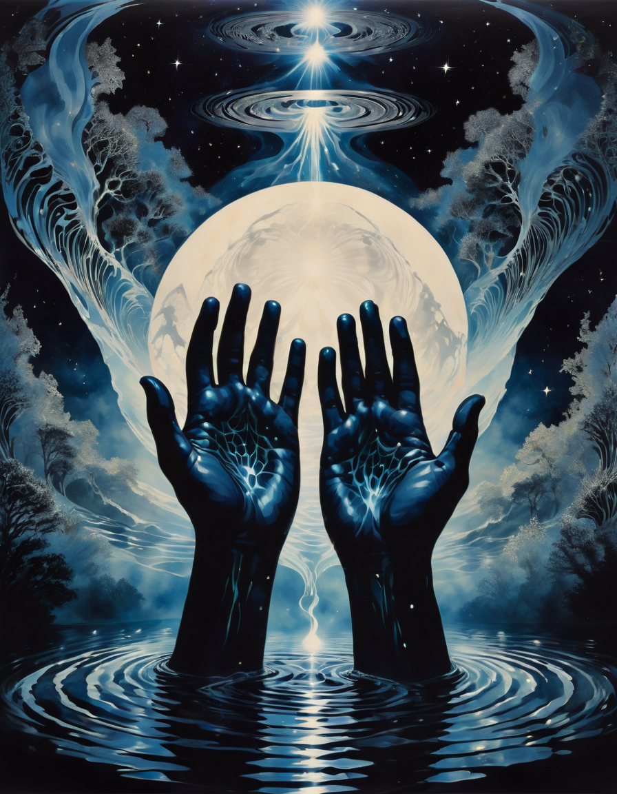 Spectral magic, hands dipping into void water, ripples in spacetime <lora:SDXLStencilStyleFAE:0.8> stencil style, artistic poster