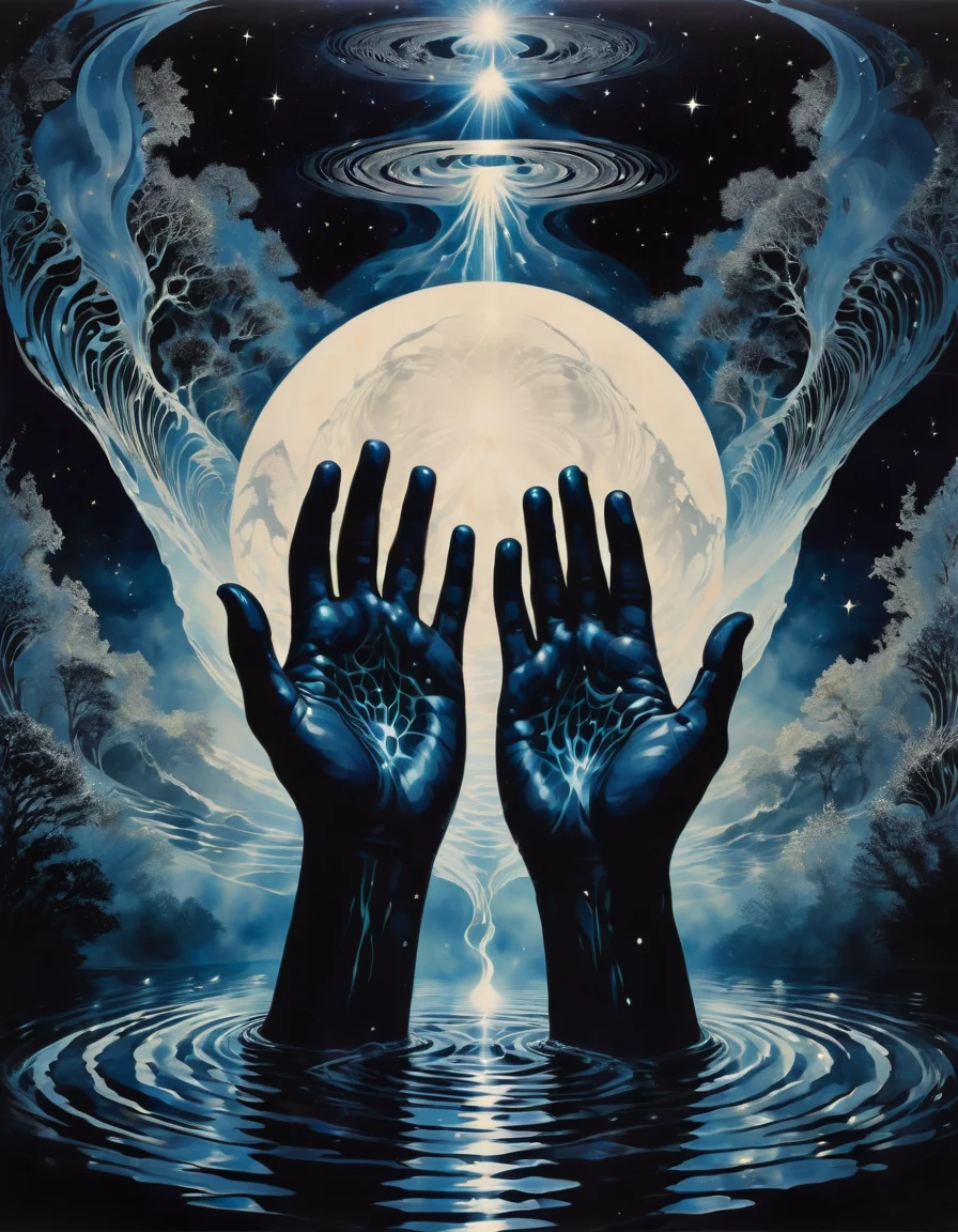Spectral magic, hands dipping into void water, ripples in spacetime <lora:SDXLStencilStyleFAE:0.8> stencil style, artistic poster