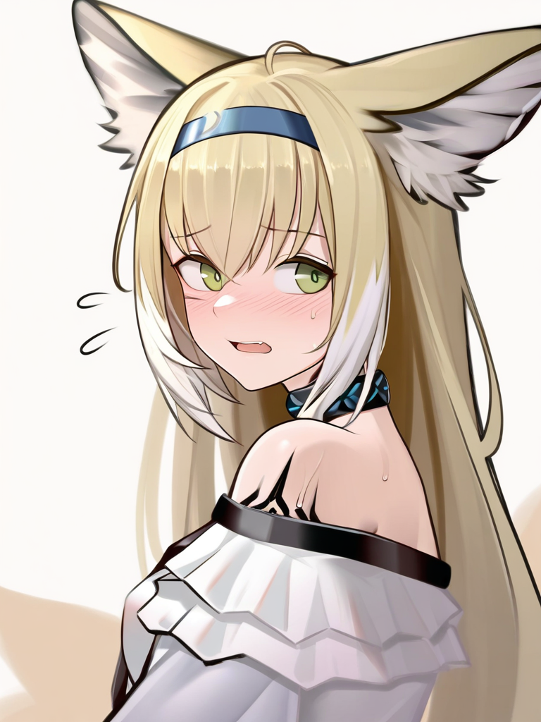 masterpiece, best quality, very aesthetic, highres, absurdres,(miurahha, bacius, ririko \(fhnngririko\):0.4), <lora:vulpisfoglia_v2:1>,blue hairband, bare shoulders, upper body, blush, scar on cheek, suzuran (arknights) (cosplay), open mouth, white shirt, simple background, turning head, white background, looking to the side, infection monitor (arknights), vulpisfoglia (arknights), 1girl, flying sweatdrops, neck tattoo, solo
