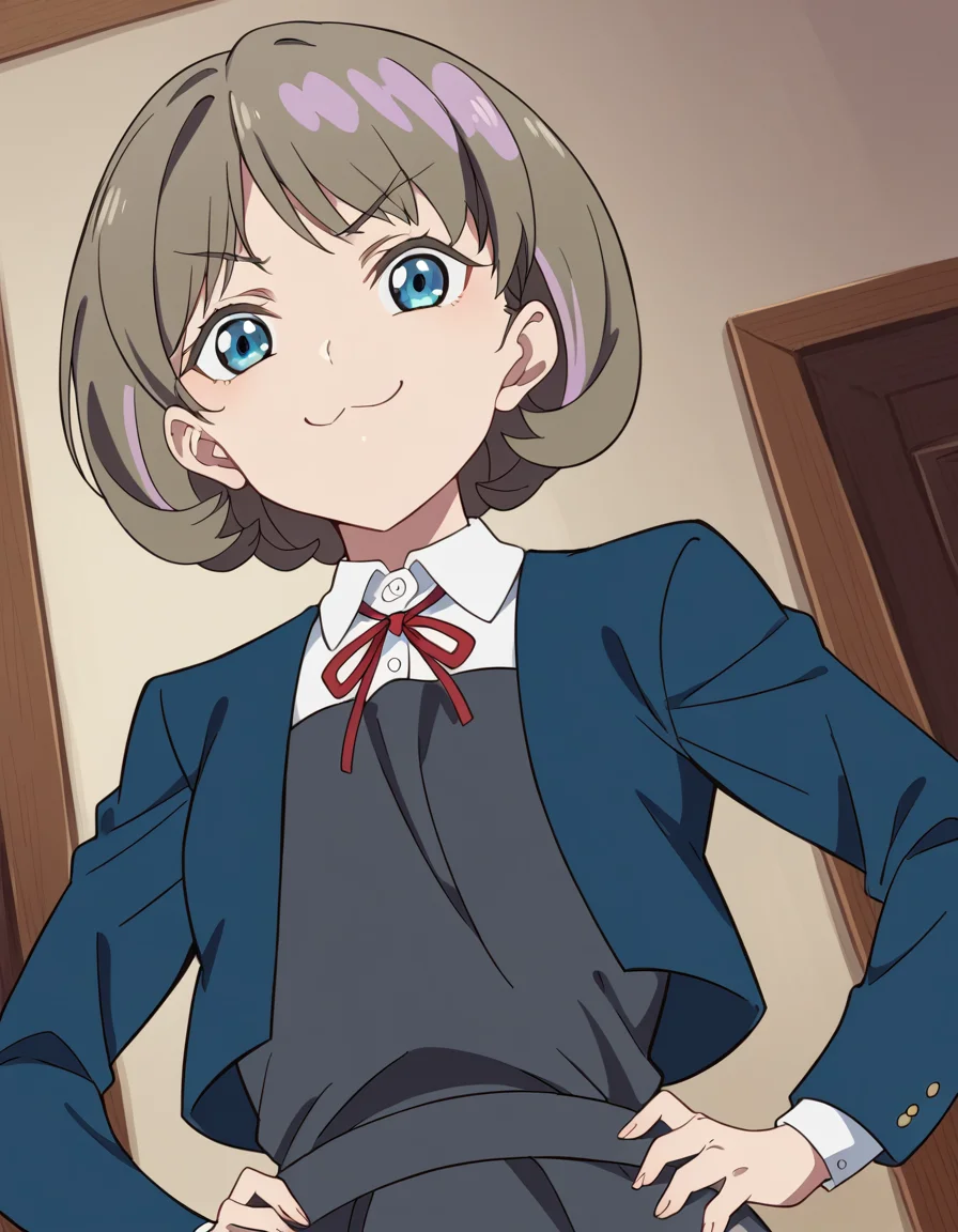 score_9, score_8_up, score_7_up, source_anime, <lora:keke-tang-s2-ponyxl-lora-nochekaiser:1>, keke tang, short hair, blue eyes, grey hair, multicolored hair, streaked hair,, shirt, dress, ribbon, school uniform, jacket, white shirt, open clothes, collared shirt, open jacket, red ribbon, neck ribbon, blue jacket, pinafore dress, grey dress, yuigaoka school uniform,, indoors, smug, smile, looking at viewer, solo, hands on hips,, cowboy shot, dutch angle
