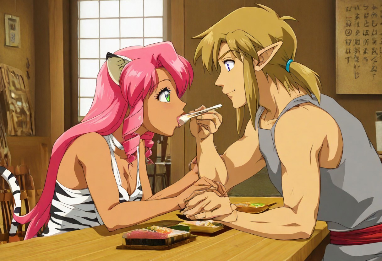 Pink_DragonPink, 1girl, sleeveless dress, white tiger print dress, pelvic curtain, cleavage, white tiger tail, red sash, small breasts, leather shoes, masterpiece, very aesthetic, cute expression <lora:pink-illustrious:1>, japanese restaurant, counter, showcase, omakase, sushi plate
Break
(anime, anime coloring:1.3),1boy,Anime screencap,link (zelda),blonde hair,blue eyes,pointy ears, wearing blue hyilian tunic, holding chopsticks, Link feeding dragonpink sushi, indoor, chair, window, japanese restaurant, counter, showcase, omakase, sushi plate, wooden plate,
Dragonpink and Link happily enjoy a meal, indoors, chair, window, japanese restaurant, link and dragonpink feed each other sushi, link and dragonpink holding hands, link and dragonpink kissing, counter, showcase, omakase, sushi plate, wooden plate, both dragonpink and link upper bodies in frame, smiling at each other