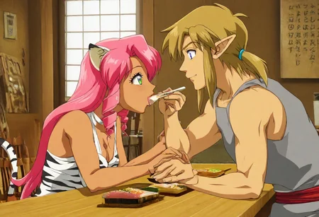 Pink_DragonPink, 1girl, sleeveless dress, white tiger print dress, pelvic curtain, cleavage, white tiger tail, red sash, small breasts, leather shoes, masterpiece, very aesthetic, cute expression <lora:pink-illustrious:1>, japanese restaurant, counter, showcase, omakase, sushi plate
Break
(anime, anime coloring:1.3),1boy,Anime screencap,link (zelda),blonde hair,blue eyes,pointy ears, wearing blue hyilian tunic, holding chopsticks, Link feeding dragonpink sushi, indoor, chair, window, japanese restaurant, counter, showcase, omakase, sushi plate, wooden plate,
Dragonpink and Link happily enjoy a meal, indoors, chair, window, japanese restaurant, link and dragonpink feed each other sushi, link and dragonpink holding hands, link and dragonpink kissing, counter, showcase, omakase, sushi plate, wooden plate, both dragonpink and link upper bodies in frame, smiling at each other